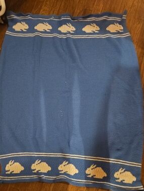 Vintage Hand Knitted Blue Bunny Baby Blanket